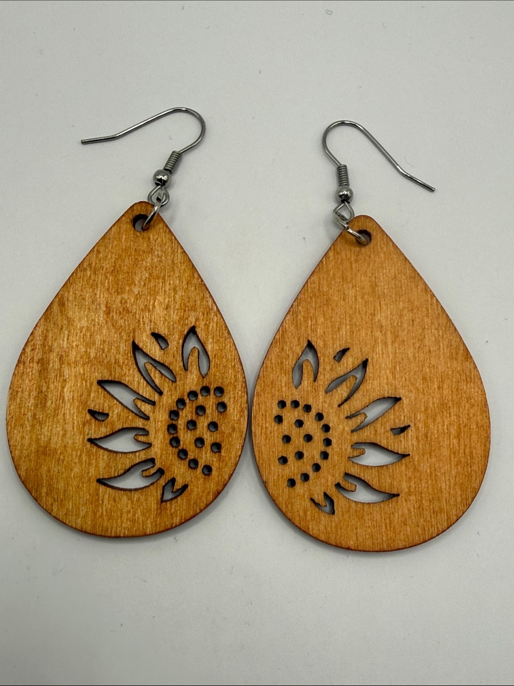 Vintage Brown Wooden Teardrop Sunflower Dangle Drop Statement Earrings
